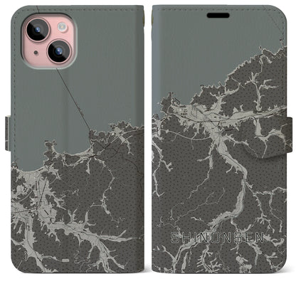 【新温泉（兵庫県）】地図柄iPhoneケース（手帳タイプ）モノトーン・iPhone 15 Plus 用