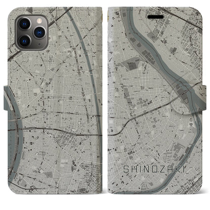 【篠崎（東京都）】地図柄iPhoneケース（手帳タイプ）モノトーン・iPhone 11 Pro Max 用