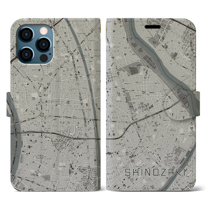 【篠崎（東京都）】地図柄iPhoneケース（手帳タイプ）モノトーン・iPhone 12 / 12 Pro 用