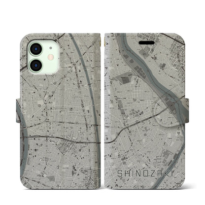 【篠崎（東京都）】地図柄iPhoneケース（手帳タイプ）モノトーン・iPhone 12 mini 用