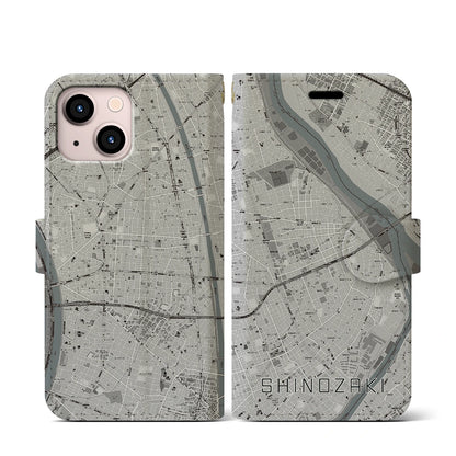 【篠崎（東京都）】地図柄iPhoneケース（手帳タイプ）モノトーン・iPhone 13 mini 用