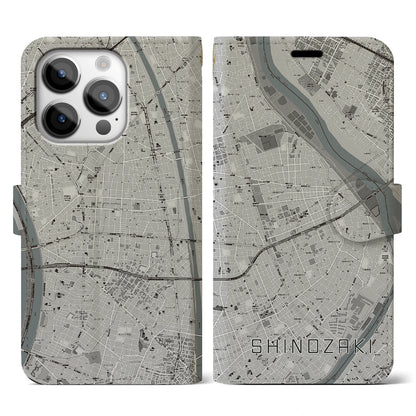 【篠崎（東京都）】地図柄iPhoneケース（手帳タイプ）モノトーン・iPhone 14 Pro 用