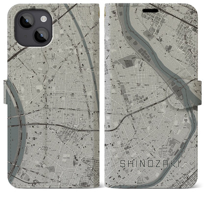 【篠崎（東京都）】地図柄iPhoneケース（手帳タイプ）モノトーン・iPhone 14 Plus 用