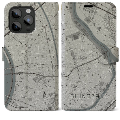 【篠崎（東京都）】地図柄iPhoneケース（手帳タイプ）モノトーン・iPhone 15 Pro Max 用