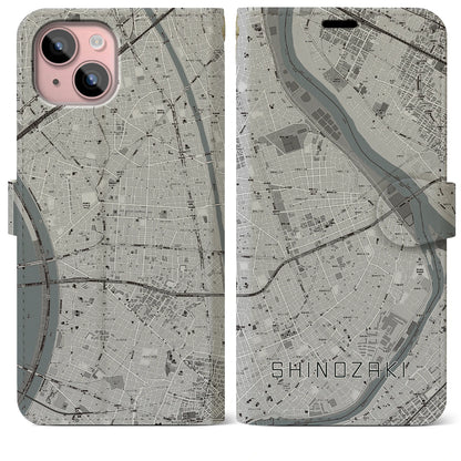 【篠崎（東京都）】地図柄iPhoneケース（手帳タイプ）モノトーン・iPhone 15 Plus 用