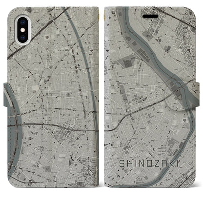 【篠崎（東京都）】地図柄iPhoneケース（手帳タイプ）モノトーン・iPhone XS Max 用