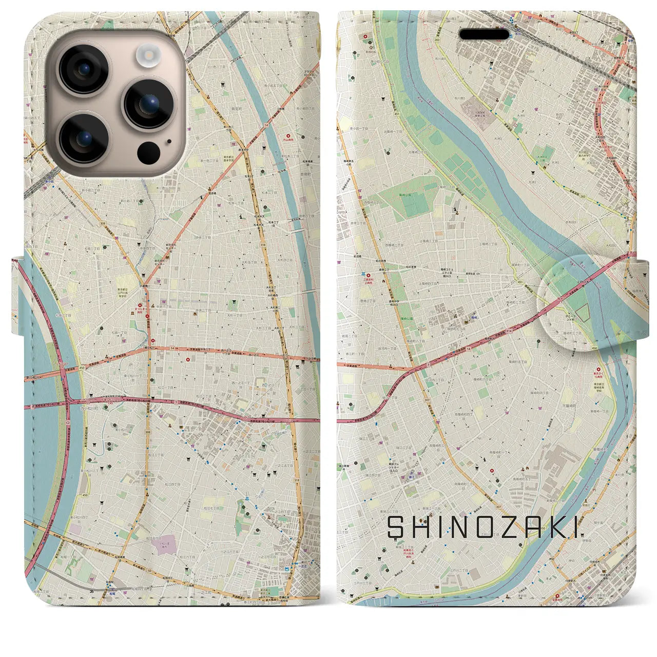 【篠崎（東京都）】地図柄iPhoneケース（手帳タイプ）ナチュラル・iPhone 16 Plus 用