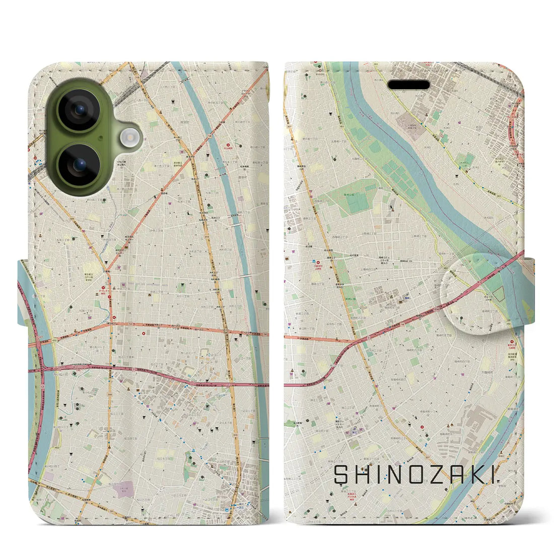 【篠崎（東京都）】地図柄iPhoneケース（手帳タイプ）モノトーン・iPhone 17 Pro Max 用