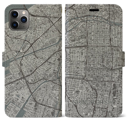【心斎橋（大阪府）】地図柄iPhoneケース（手帳タイプ）モノトーン・iPhone 11 Pro Max 用