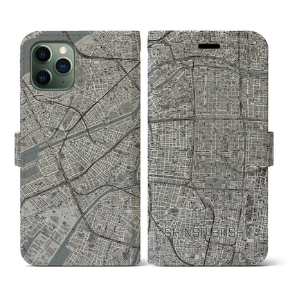 【心斎橋（大阪府）】地図柄iPhoneケース（手帳タイプ）モノトーン・iPhone 11 Pro 用