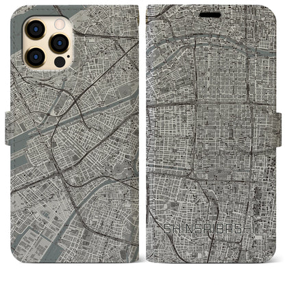 【心斎橋（大阪府）】地図柄iPhoneケース（手帳タイプ）モノトーン・iPhone 12 Pro Max 用