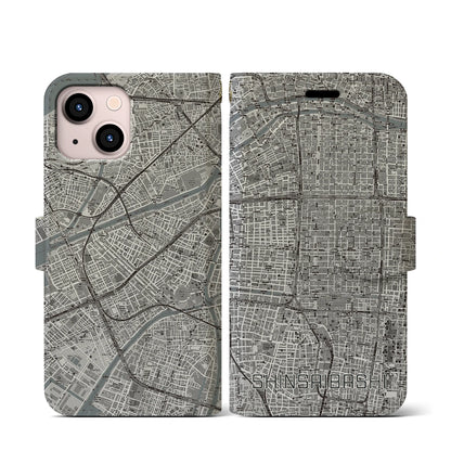 【心斎橋（大阪府）】地図柄iPhoneケース（手帳タイプ）モノトーン・iPhone 13 mini 用
