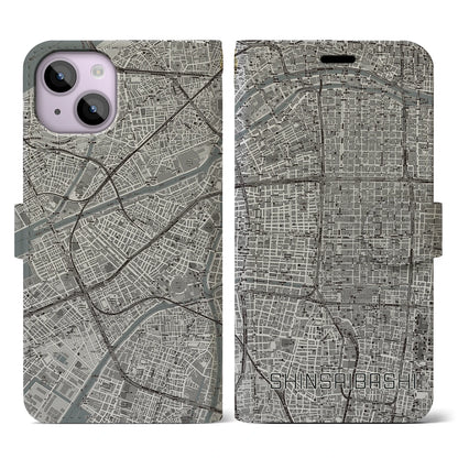 【心斎橋（大阪府）】地図柄iPhoneケース（手帳タイプ）モノトーン・iPhone 14 用