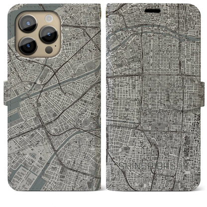 【心斎橋（大阪府）】地図柄iPhoneケース（手帳タイプ）モノトーン・iPhone 14 Pro Max 用