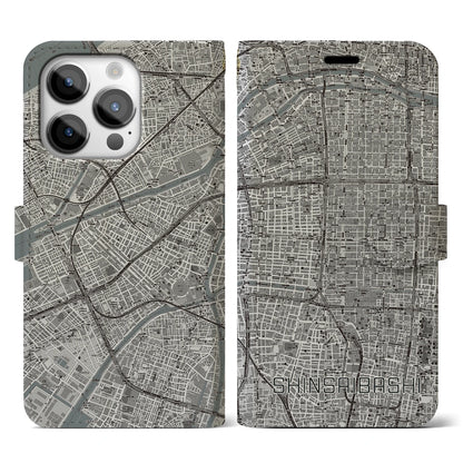 【心斎橋（大阪府）】地図柄iPhoneケース（手帳タイプ）モノトーン・iPhone 14 Pro 用