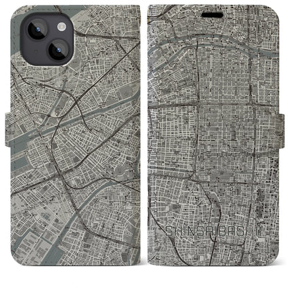 【心斎橋（大阪府）】地図柄iPhoneケース（手帳タイプ）モノトーン・iPhone 14 Plus 用