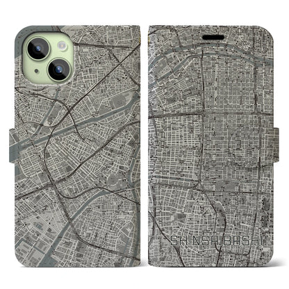 【心斎橋（大阪府）】地図柄iPhoneケース（手帳タイプ）モノトーン・iPhone 15 用