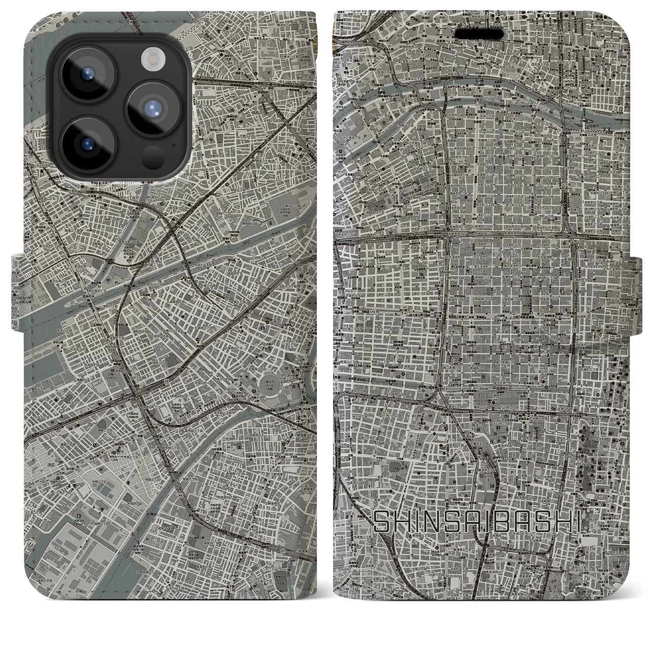 【心斎橋】地図柄iPhoneケース（手帳両面タイプ・モノトーン）iPhone 15 Pro Max 用