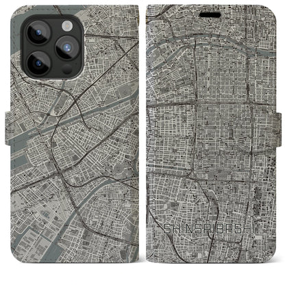 【心斎橋（大阪府）】地図柄iPhoneケース（手帳タイプ）モノトーン・iPhone 15 Pro Max 用