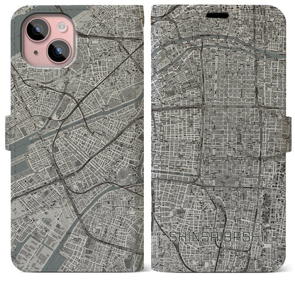 【心斎橋（大阪府）】地図柄iPhoneケース（手帳タイプ）モノトーン・iPhone 15 Plus 用