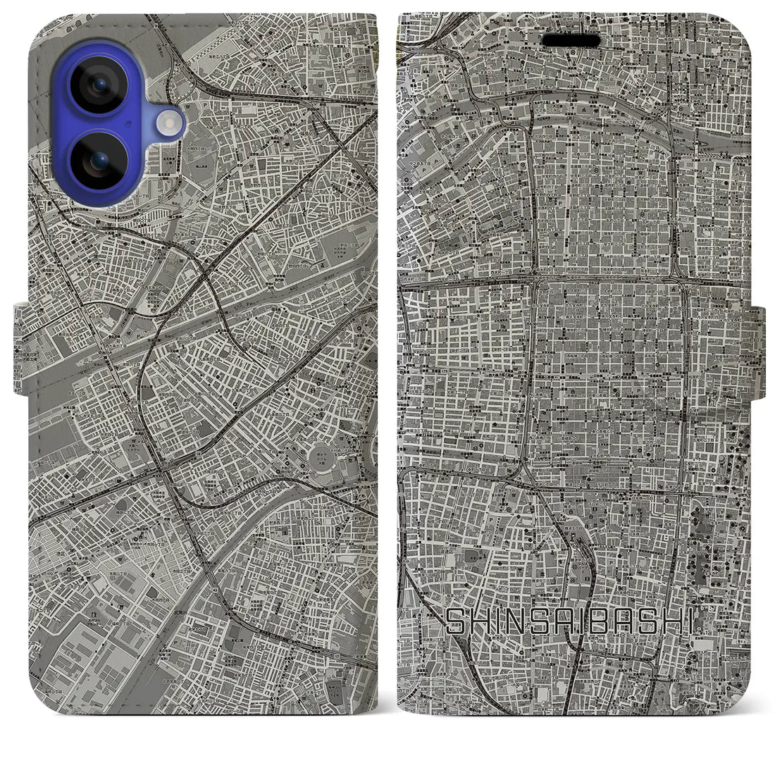 【心斎橋(大阪府)】地図柄iPhoneケース(手帳タイプ)モノトーン・iPhone 16 Pro Max 用