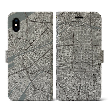 【心斎橋（大阪府）】地図柄iPhoneケース（手帳タイプ）モノトーン・iPhone XS / X 用