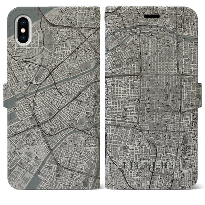 【心斎橋（大阪府）】地図柄iPhoneケース（手帳タイプ）モノトーン・iPhone XS Max 用