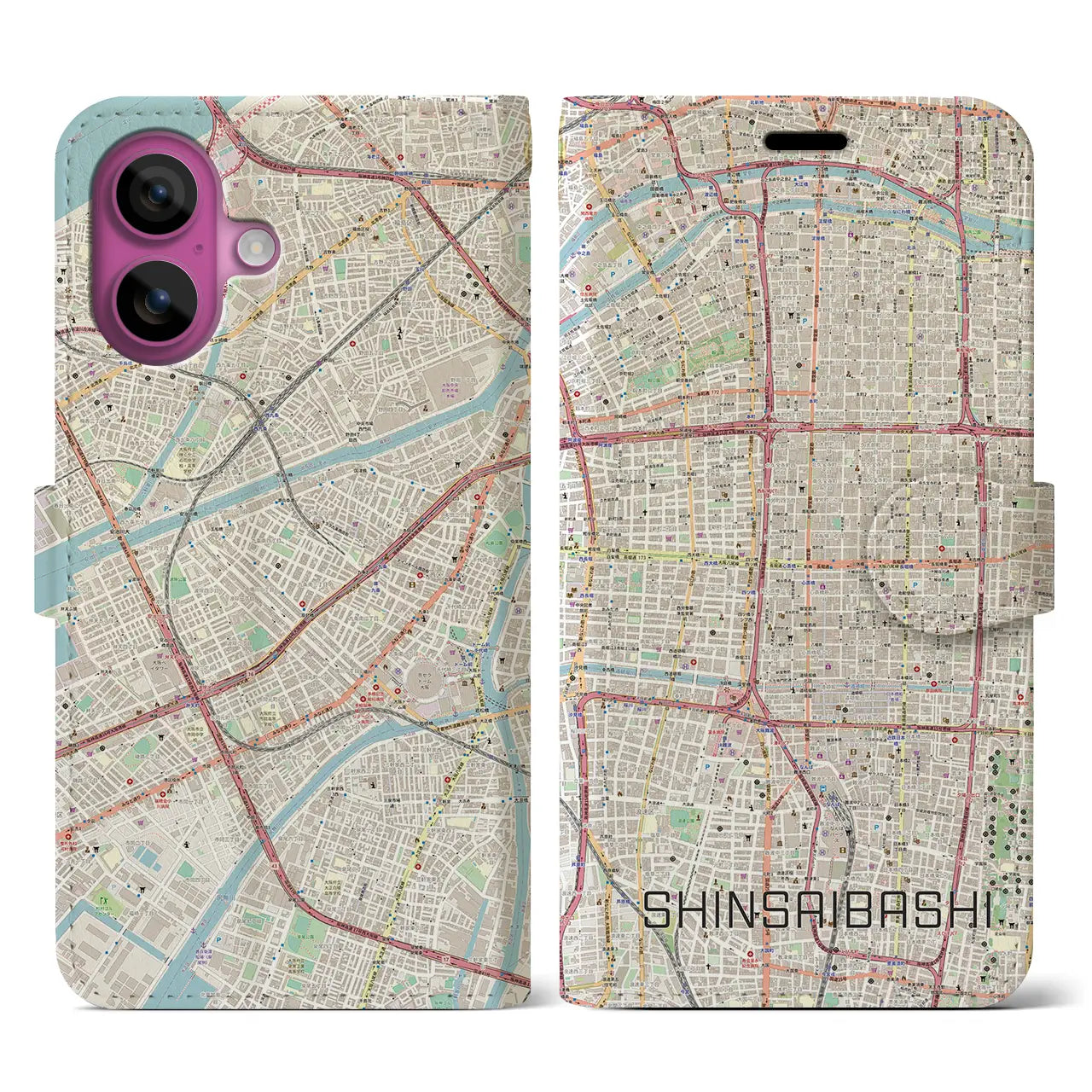 【心斎橋（大阪府）】地図柄iPhoneケース（手帳タイプ）ナチュラル・iPhone 16 Pro 用