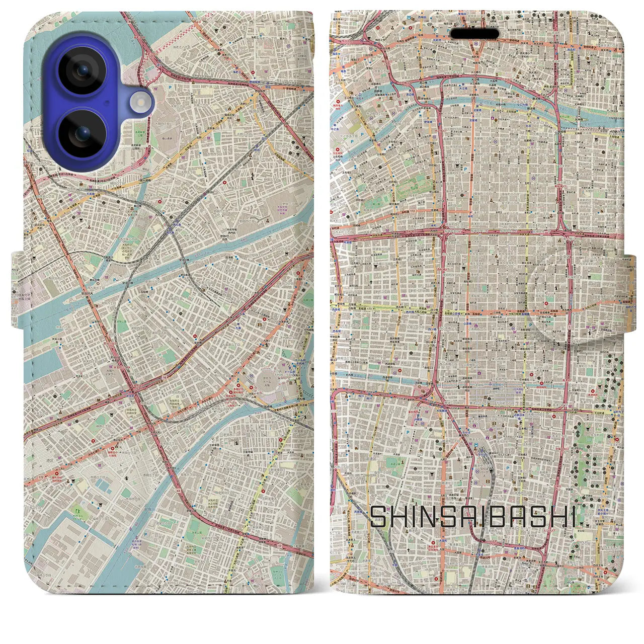 【心斎橋（大阪府）】地図柄iPhoneケース（手帳タイプ）ナチュラル・iPhone 16 Pro Max 用