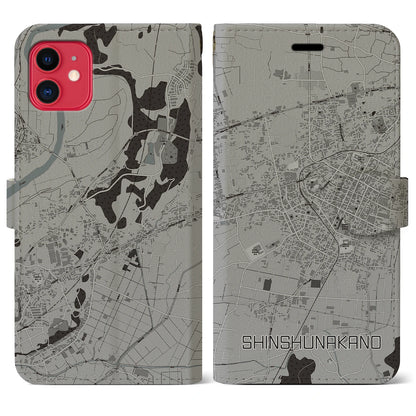 【信州中野（長野県）】地図柄iPhoneケース（手帳タイプ）モノトーン・iPhone 11 用
