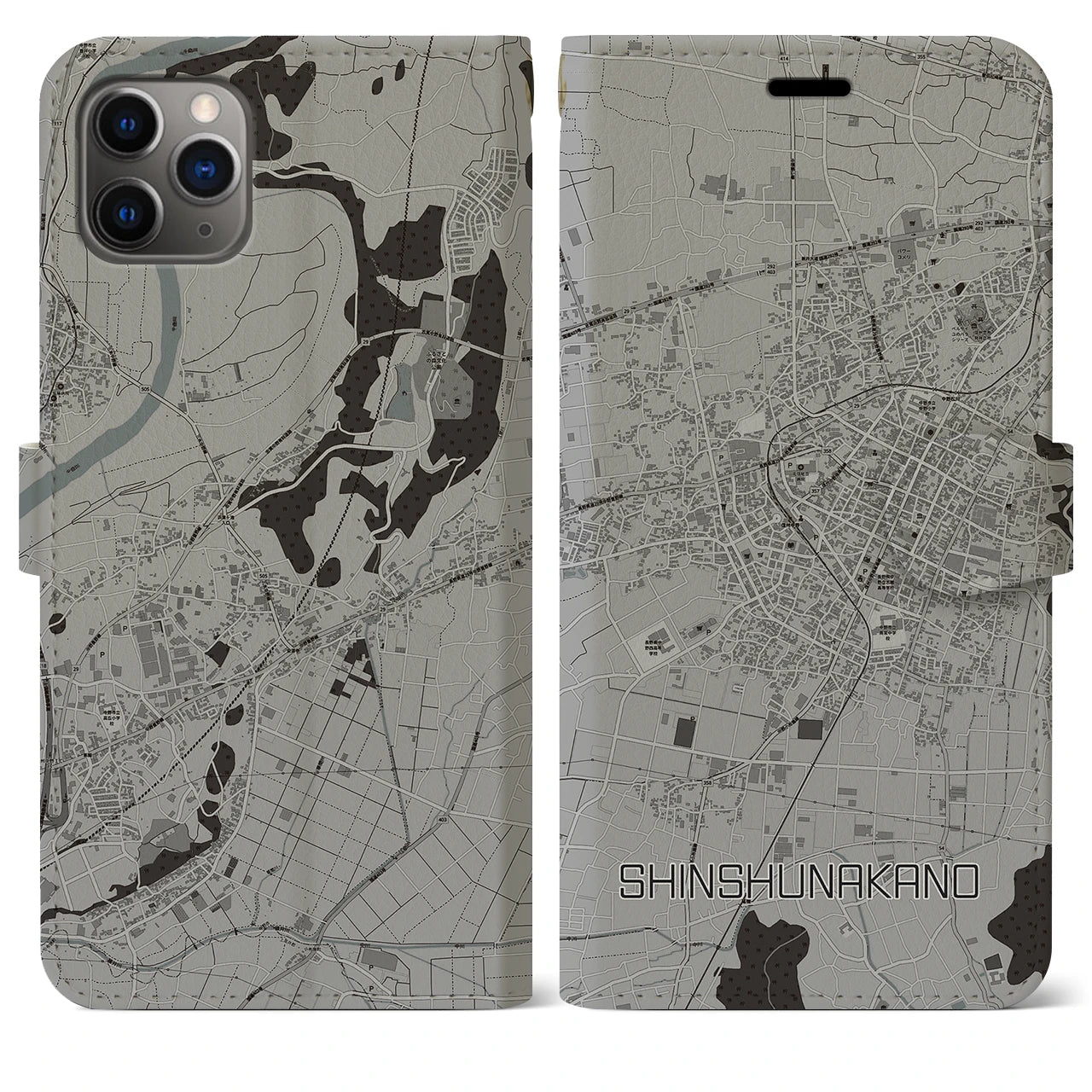 【信州中野】地図柄iPhoneケース（手帳両面タイプ・モノトーン）iPhone 11 Pro Max 用