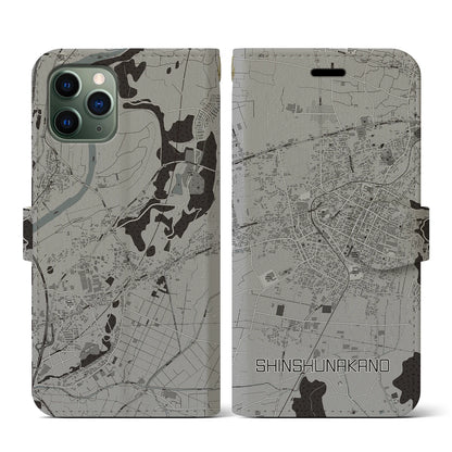 【信州中野（長野県）】地図柄iPhoneケース（手帳タイプ）モノトーン・iPhone 11 Pro 用