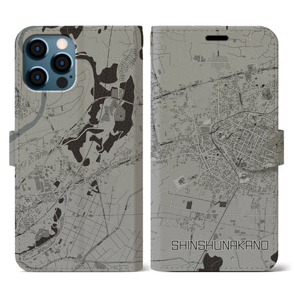 【信州中野（長野県）】地図柄iPhoneケース（手帳タイプ）モノトーン・iPhone 12 / 12 Pro 用