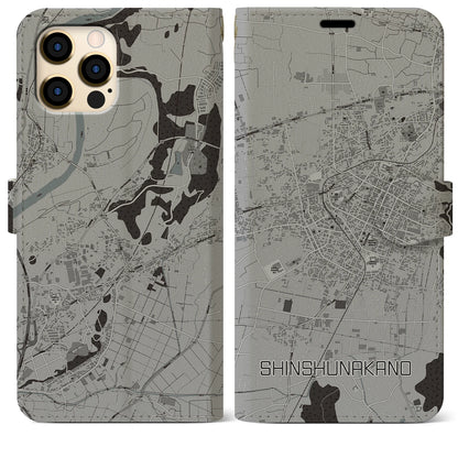 【信州中野（長野県）】地図柄iPhoneケース（手帳タイプ）モノトーン・iPhone 12 Pro Max 用