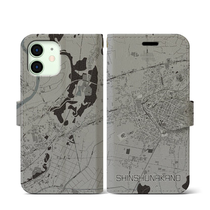 【信州中野（長野県）】地図柄iPhoneケース（手帳タイプ）モノトーン・iPhone 12 mini 用