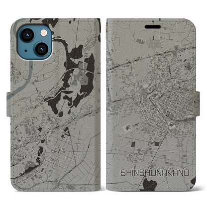 【信州中野（長野県）】地図柄iPhoneケース（手帳タイプ）モノトーン・iPhone 13 用