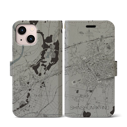 【信州中野（長野県）】地図柄iPhoneケース（手帳タイプ）モノトーン・iPhone 13 mini 用