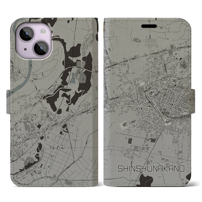 【信州中野（長野県）】地図柄iPhoneケース（手帳タイプ）モノトーン・iPhone 14 用