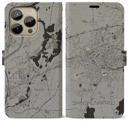 【信州中野（長野県）】地図柄iPhoneケース（手帳タイプ）モノトーン・iPhone 14 Pro Max 用