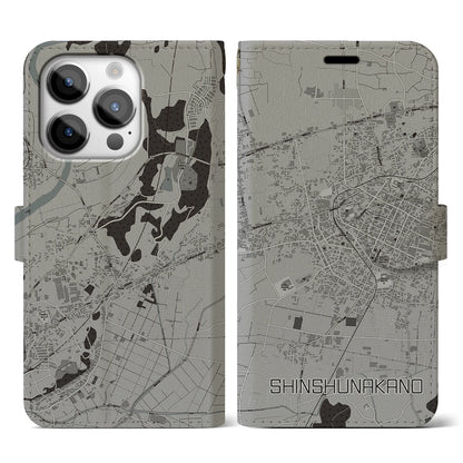 【信州中野（長野県）】地図柄iPhoneケース（手帳タイプ）モノトーン・iPhone 14 Pro 用