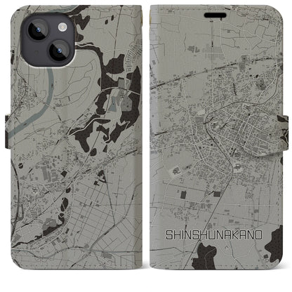 【信州中野（長野県）】地図柄iPhoneケース（手帳タイプ）モノトーン・iPhone 14 Plus 用