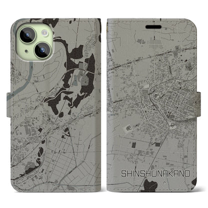 【信州中野（長野県）】地図柄iPhoneケース（手帳タイプ）モノトーン・iPhone 15 用