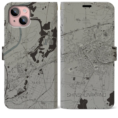 【信州中野（長野県）】地図柄iPhoneケース（手帳タイプ）モノトーン・iPhone 15 Plus 用