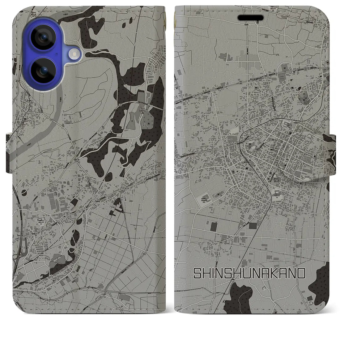 【信州中野(長野県)】地図柄iPhoneケース(手帳タイプ)モノトーン・iPhone 16 Pro Max 用