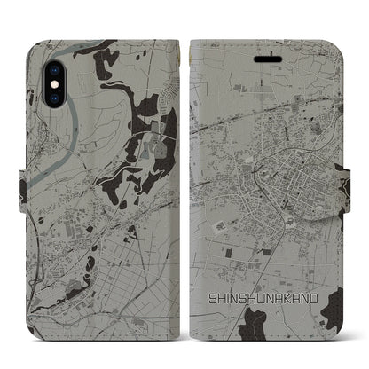 【信州中野（長野県）】地図柄iPhoneケース（手帳タイプ）モノトーン・iPhone XS / X 用