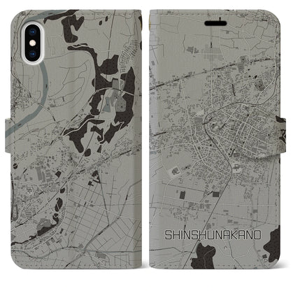【信州中野（長野県）】地図柄iPhoneケース（手帳タイプ）モノトーン・iPhone XS Max 用