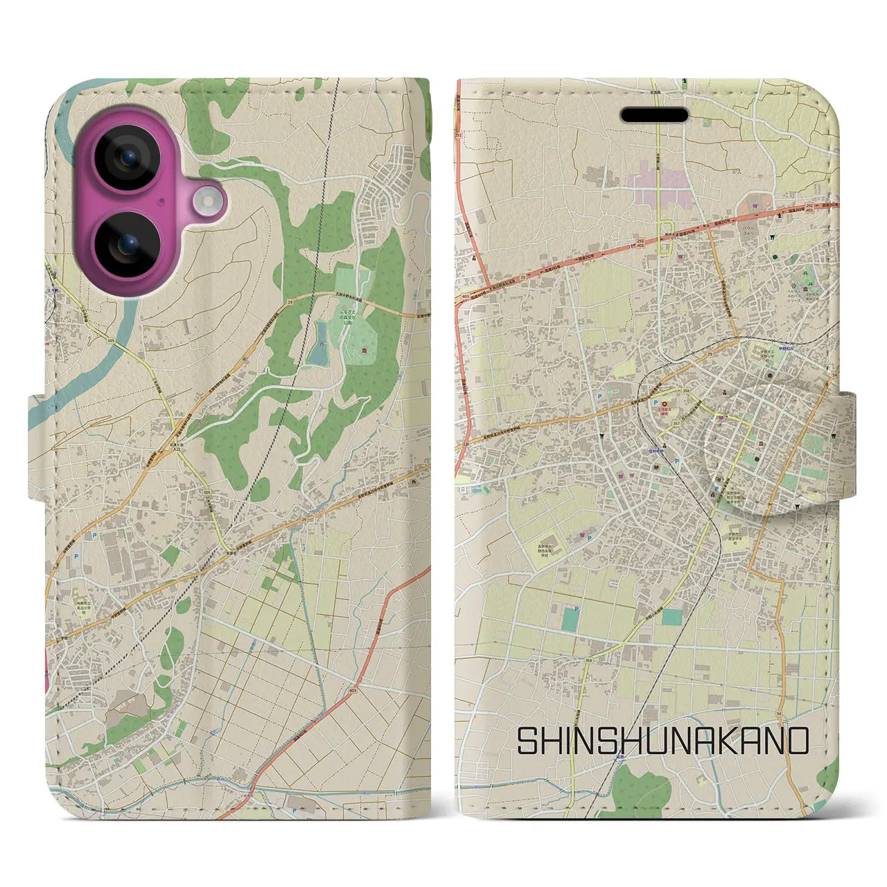 【信州中野（長野県）】地図柄iPhoneケース（手帳タイプ）ナチュラル・iPhone 16 Pro 用