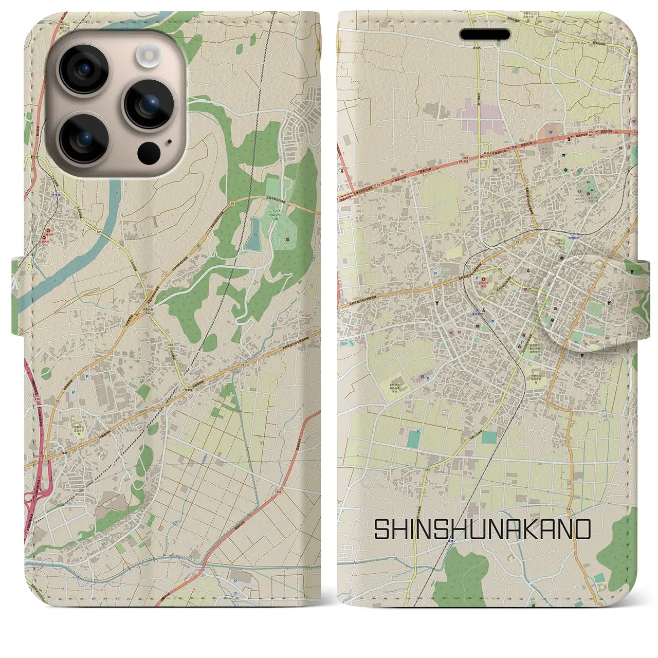 【信州中野（長野県）】地図柄iPhoneケース（手帳タイプ）ナチュラル・iPhone 16 Plus 用