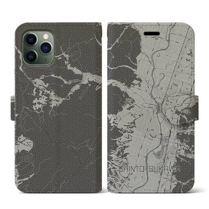 【新十津川（北海道）】地図柄iPhoneケース（手帳タイプ）モノトーン・iPhone 11 Pro 用