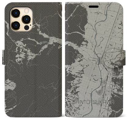 【新十津川（北海道）】地図柄iPhoneケース（手帳タイプ）モノトーン・iPhone 12 Pro Max 用